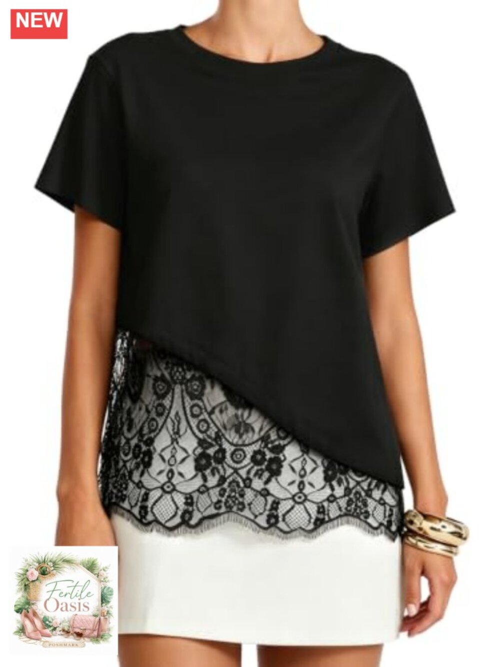Women's Lace Patchwork T-Shirt Cotton Short Sleeve Crew Neck